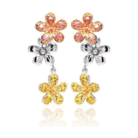 Sterling Silver Three-Toned Flower Link Design Embedded with Multi-Colored Czs