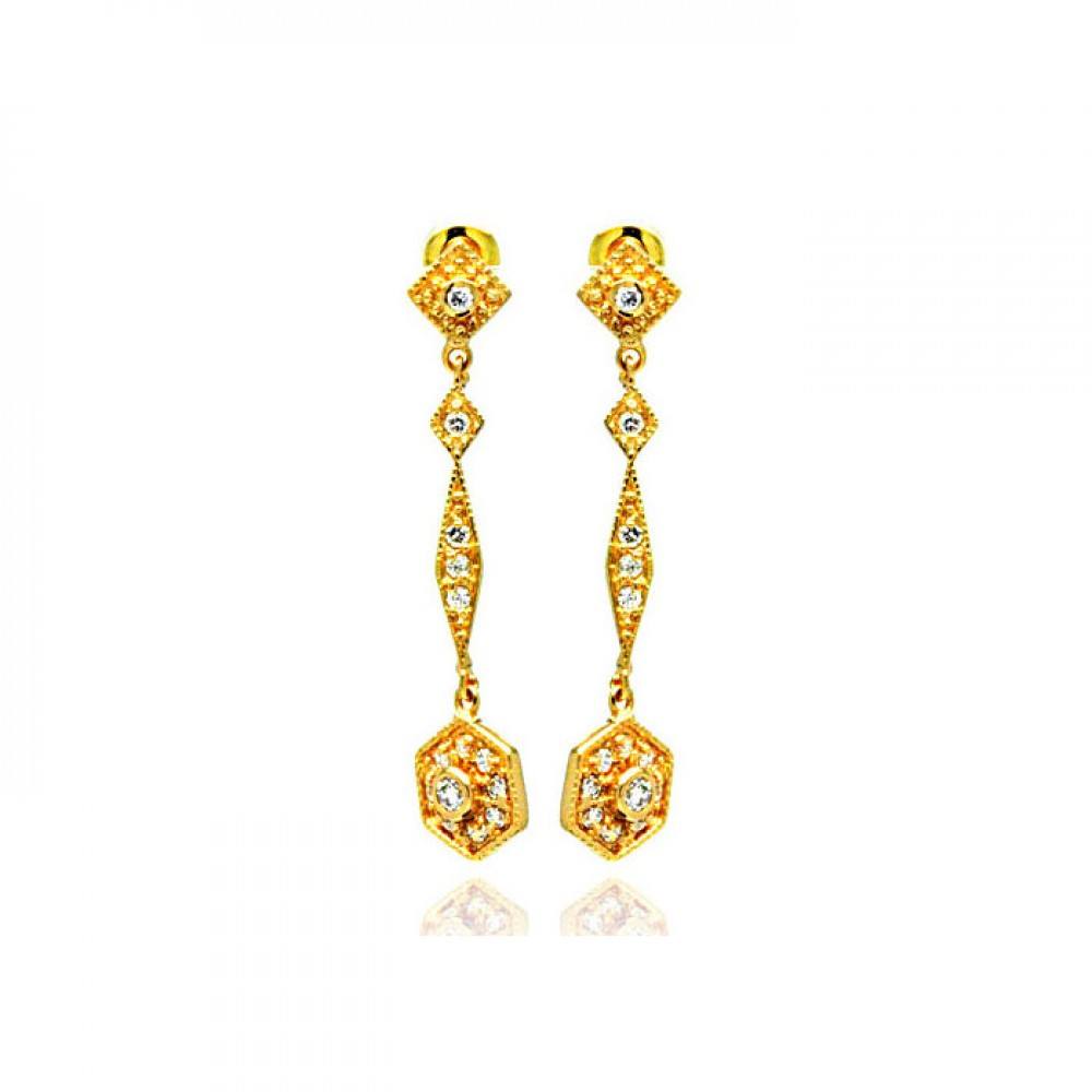 Sterling Silver Gold Plated Vintage Style Multi Marqui Link Design Embedded with Clear Czs Dangle Stud Earring