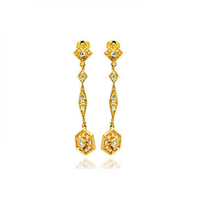 Sterling Silver Gold Plated Vintage Style Multi Marqui Link Design Embedded with Clear Czs Dangle Stud Earring