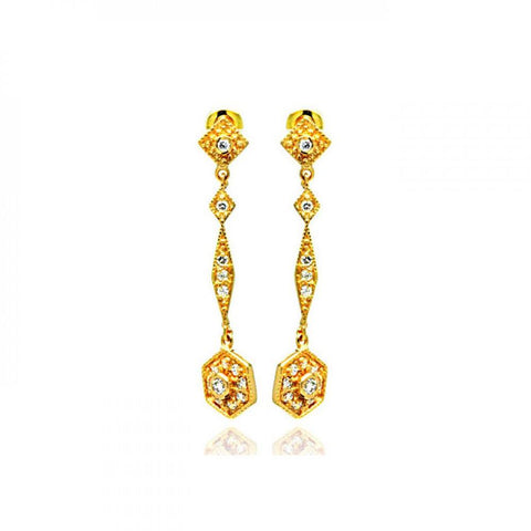 Sterling Silver Gold Plated Vintage Style Multi Marqui Link Design Embedded with Clear Czs Dangle Stud Earring