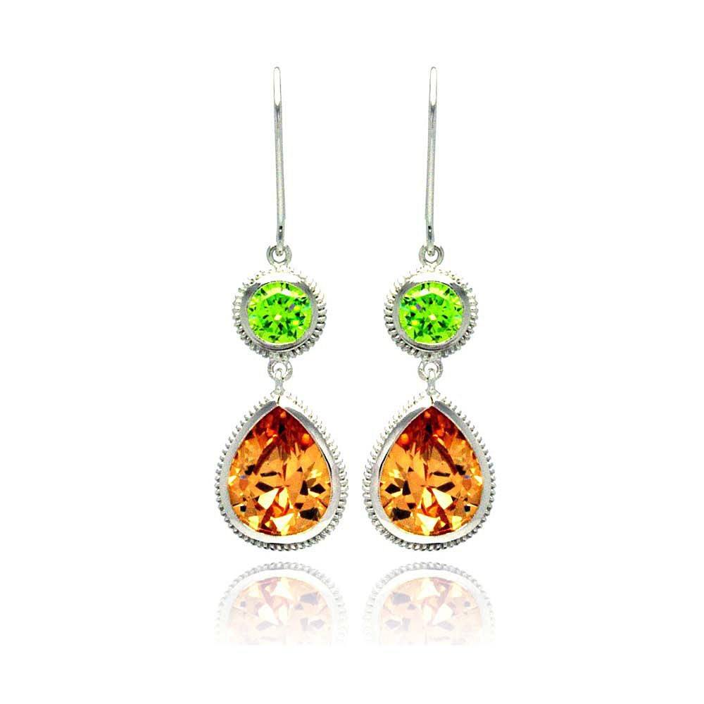 Sterling Silver Fancy Round Cut Green Cz Connected with Pearshaped Cut Champagne Cz Dangle Hook Earring