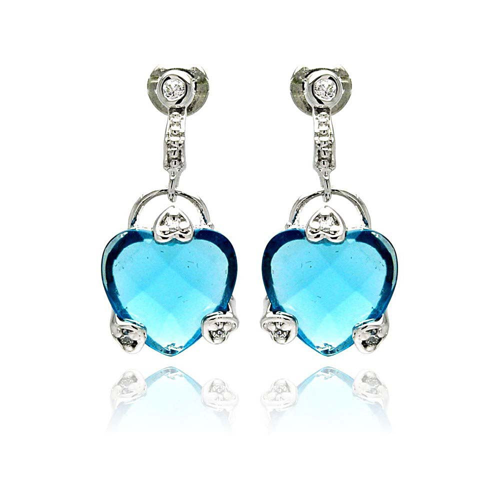 Sterling Silver Trendy Hearts Design Embedded with Clear Czs  and Large Blue Heart Cz Drop Dangle Stud EarringAnd Earring Height of 19MM