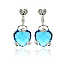 Load image into Gallery viewer, Sterling Silver Trendy Hearts Design Embedded with Clear Czs  and Large Blue Heart Cz Drop Dangle Stud EarringAnd Earring Height of 19MM