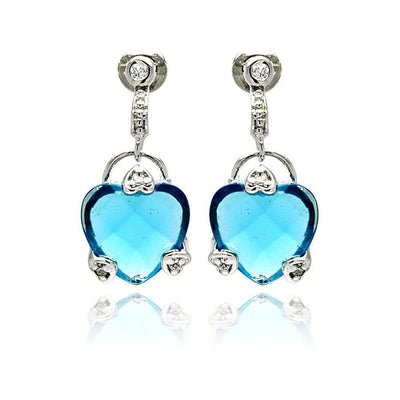 Sterling Silver Trendy Hearts Design Embedded with Clear Czs  and Large Blue Heart Cz Drop Dangle Stud EarringAnd Earring Height of 19MM