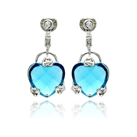 Sterling Silver Trendy Hearts Design Embedded with Clear Czs  and Large Blue Heart Cz Drop Dangle Stud EarringAnd Earring Height of 19MM