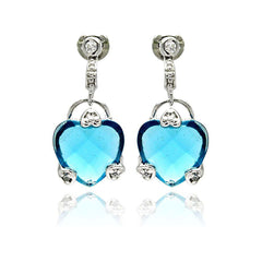 Sterling Silver Trendy Hearts Design Embedded with Clear Czs  and Large Blue Heart Cz Drop Dangle Stud EarringAnd Earring Height of 19MM