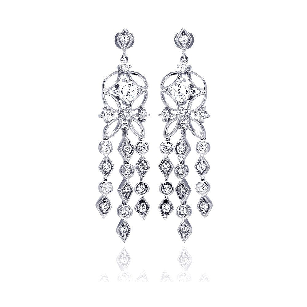 Sterling Silver Elegant Flower Design with Multi Link Round and Marqui Clear Czs Chandelier Dangle Stud Earring