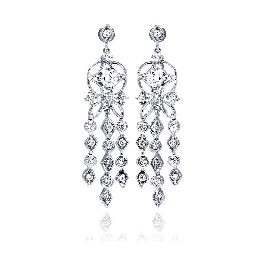 Sterling Silver Elegant Flower Design with Multi Link Round and Marqui Clear Czs Chandelier Dangle Stud Earring