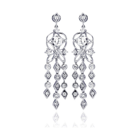 Sterling Silver Elegant Flower Design with Multi Link Round and Marqui Clear Czs Chandelier Dangle Stud Earring