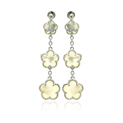 Sterling Silver Fancy Graduated Mother of Pearl Flower Link Design Dangle Stud Earring with Earring Height of 50.8MM
