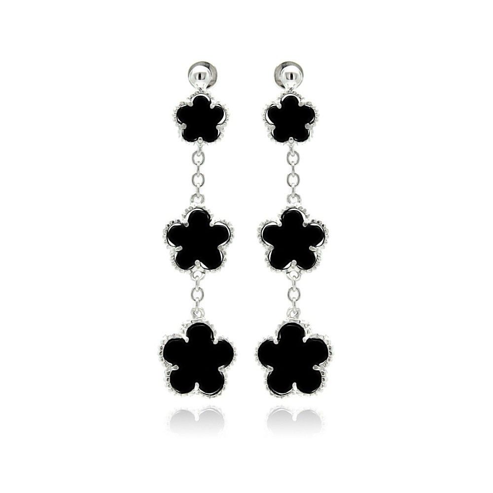 Sterling Silver Fancy Graduated Black Onyx Flower Link Design Dangle Stud Earring with Earring Height of 50.8MM