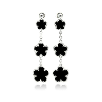 Sterling Silver Fancy Graduated Black Onyx Flower Link Design Dangle Stud Earring with Earring Height of 50.8MM
