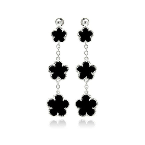 Sterling Silver Fancy Graduated Black Onyx Flower Link Design Dangle Stud Earring with Earring Height of 50.8MM