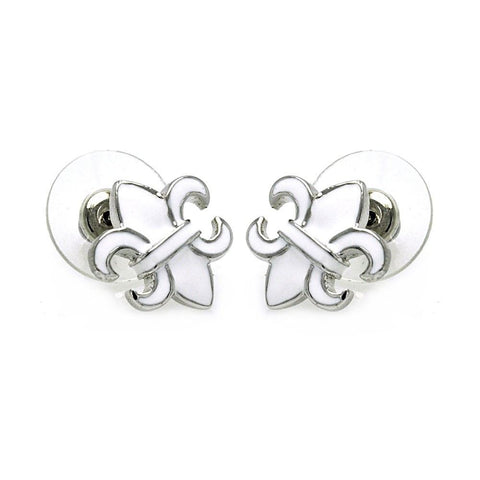 Sterling Silver Rhodium Plated Fleur De Lis Shaped  Stud Earring