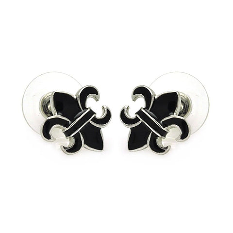 Sterling Silver Rhodium Plated Black Fleur De Lis Shaped  Stud Earring