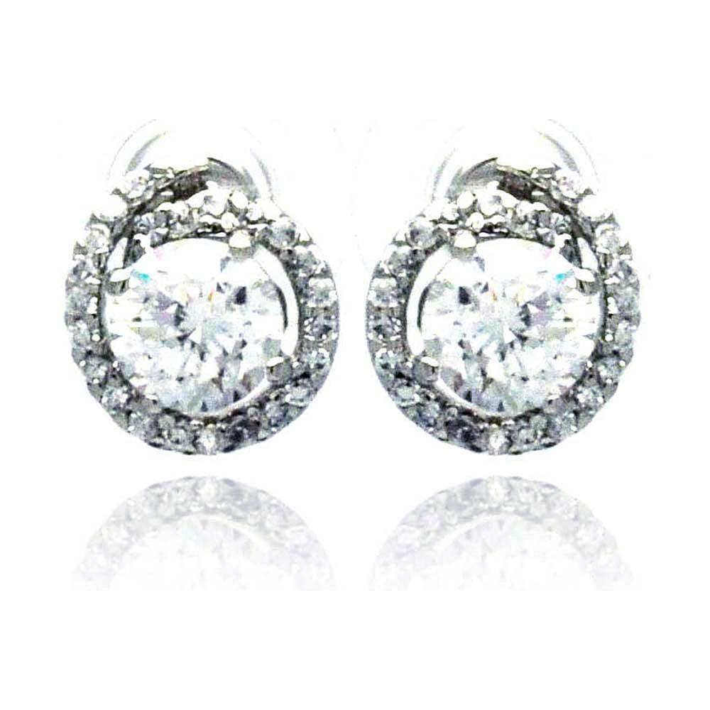 Sterling Silver Rhodium Plated Round Center CZ  Stud Earring