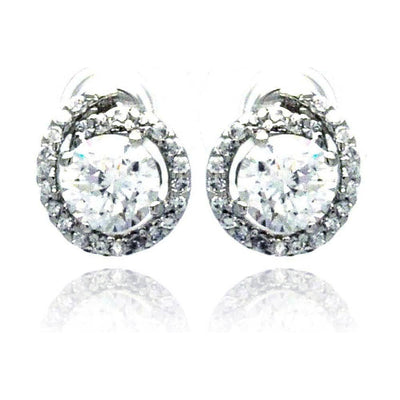 Sterling Silver Rhodium Plated Round Center CZ  Stud Earring