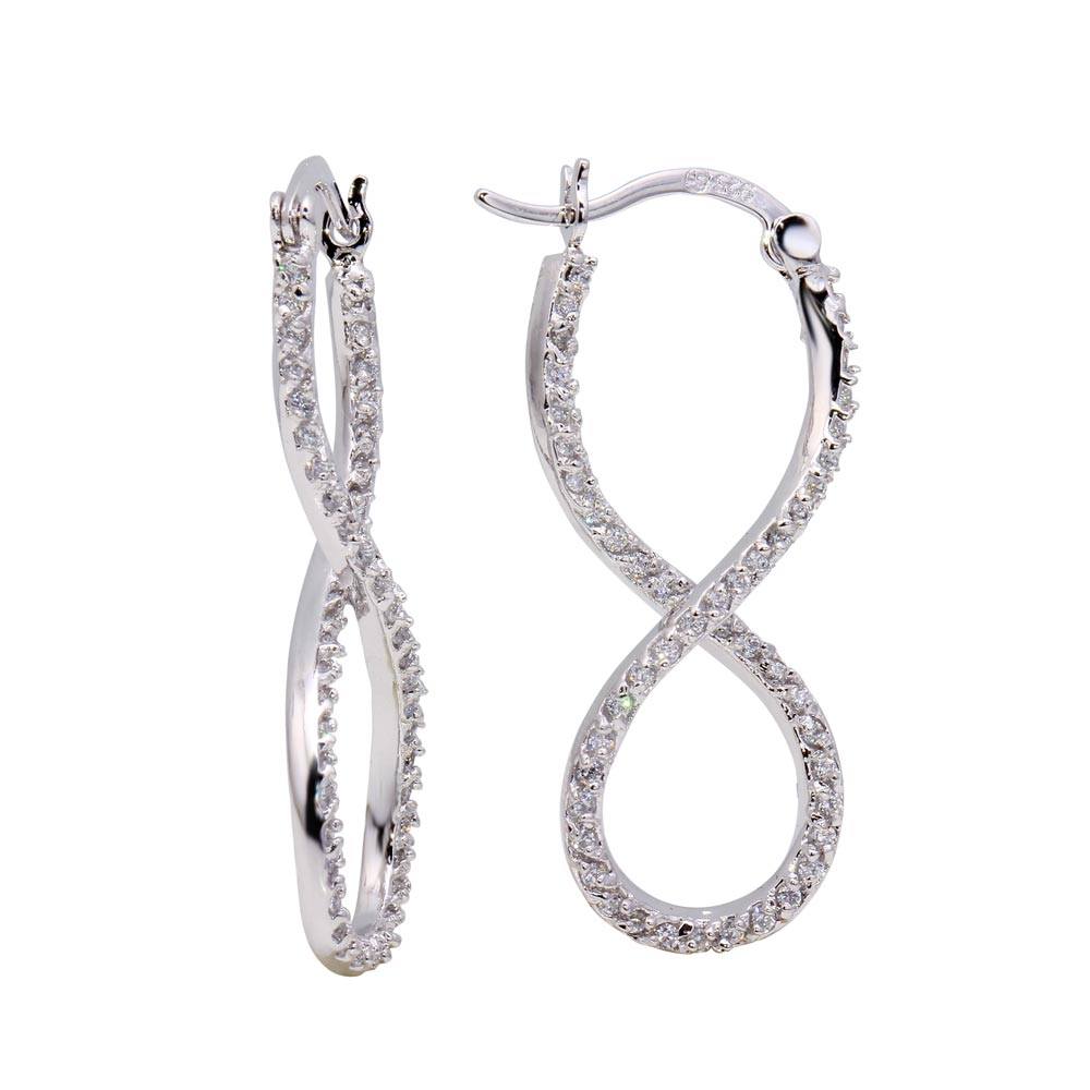 Sterling Silver Rhodium Plated Number Eight Infinity Shaped  Hoop Earring With CZ Stones