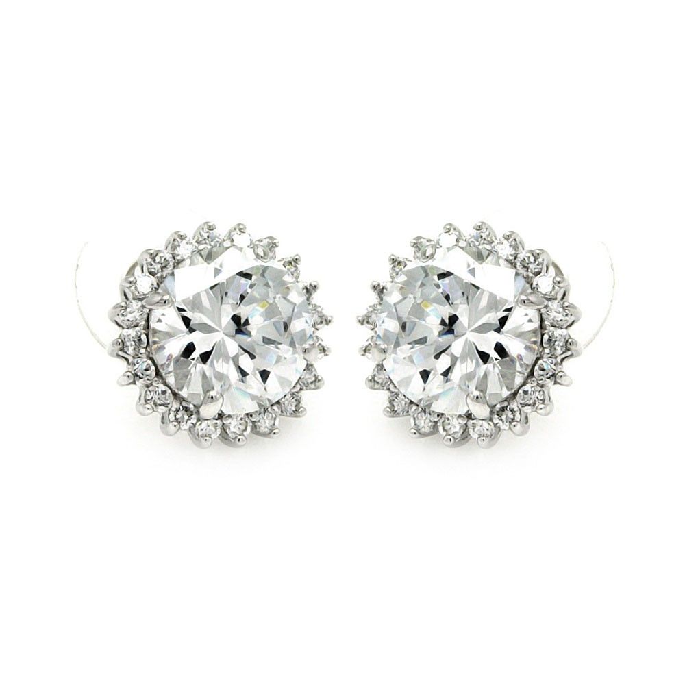 Sterling Silver Rhodium Plated Round Center Sun Shaped  Stud Earring With CZ Stones