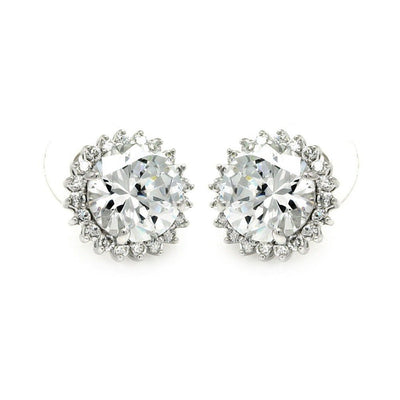 Sterling Silver Rhodium Plated Round Center Sun Shaped  Stud Earring With CZ Stones