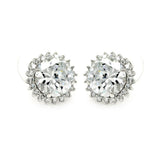 Sterling Silver Rhodium Plated Round Center Sun Shaped  Stud Earring With CZ Stones