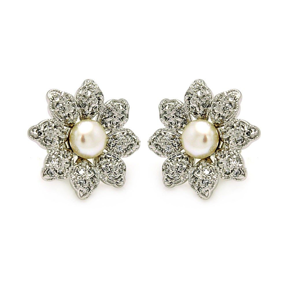 Sterling Silver Rhodium Plated Flower Inlay Center Pearl Shaped  Stud Earring With CZ Stones