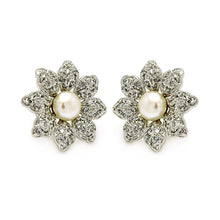 Load image into Gallery viewer, Sterling Silver Rhodium Plated Flower Inlay Center Pearl Shaped  Stud Earring With CZ Stones