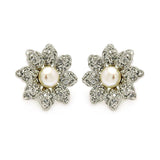 Sterling Silver Rhodium Plated Flower Inlay Center Pearl Shaped  Stud Earring With CZ Stones