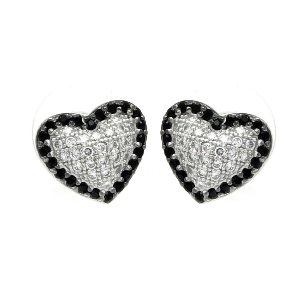 Sterling Silver Rhodium Plated Black And Clear Heart CZ Inlay Outlie Stud Earrings