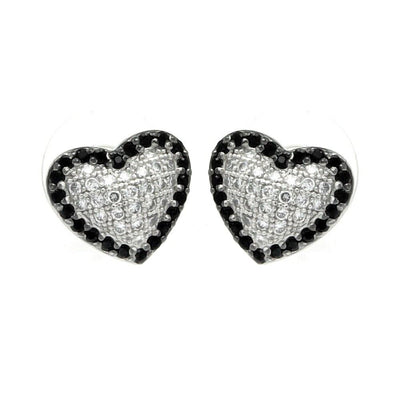 Sterling Silver Rhodium Plated Black And Clear Heart CZ Inlay Outlie Stud Earrings