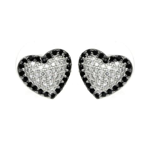 Sterling Silver Rhodium Plated Black And Clear Heart CZ Inlay Outlie Stud Earrings