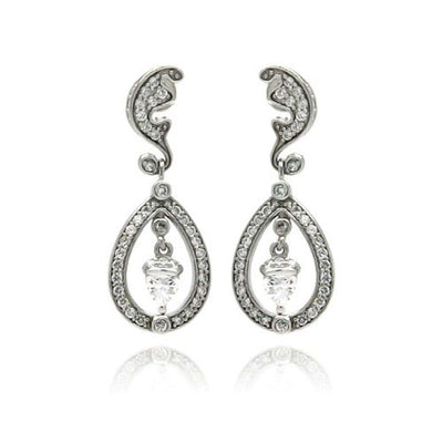 Sterling Silver Vintage Style Ornamental Design Embedded with Clear Czs Dangle Stud Earring. Dimesnions of 1.25 Inches x 12.4MM