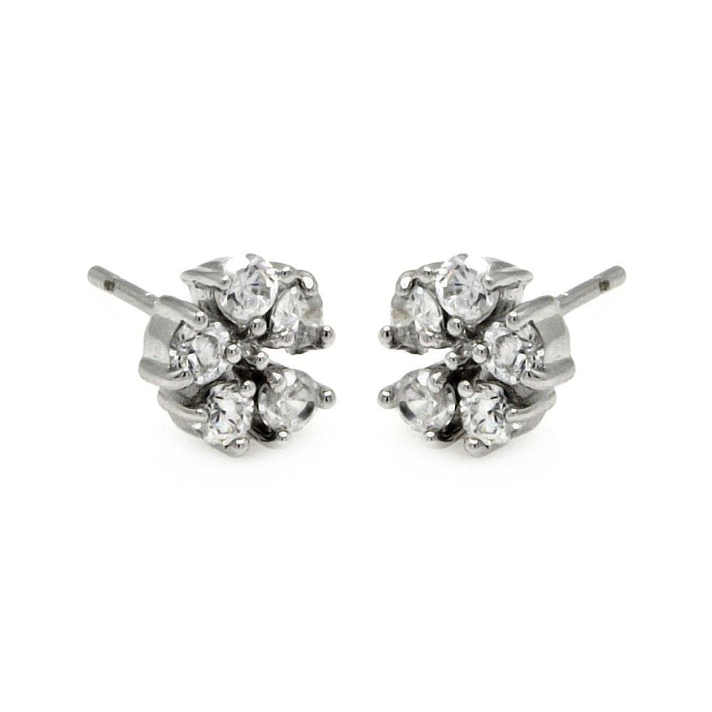 Sterling Silver Rhodium Plated Flower Shaped  Stud Earring With CZ Stones