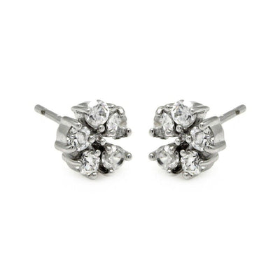 Sterling Silver Rhodium Plated Flower Shaped  Stud Earring With CZ Stones