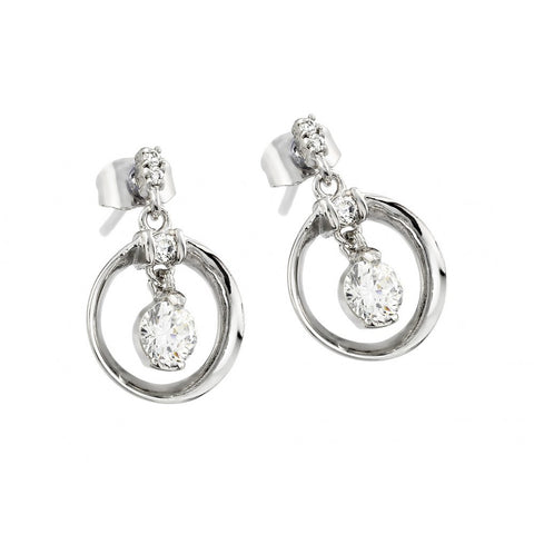 A Modish Sterling Silver Open Circle Design Dangling Earring with Round Clear Cz Stones.Earring Dimensions of 18MM x 11.7MM