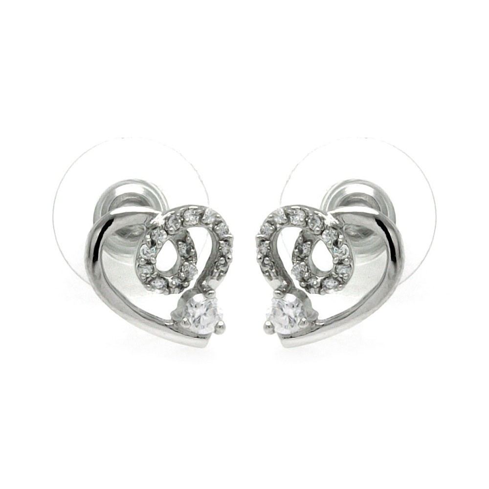 Sterling Silver Rhodium Plated Open Heart With CZ Outline Stud Earrings