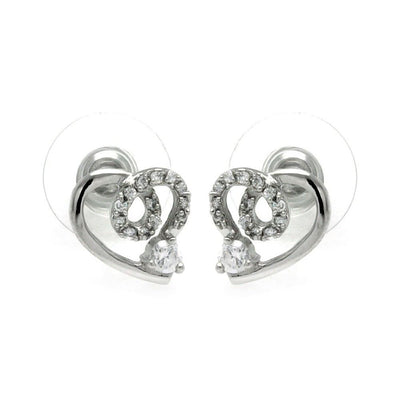 Sterling Silver Rhodium Plated Open Heart With CZ Outline Stud Earrings
