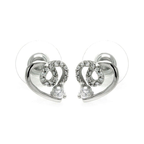 Sterling Silver Rhodium Plated Open Heart With CZ Outline Stud Earrings