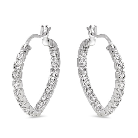 Sterling Silver Rhodium Plated CZ Dangling Hoop Earrings with Earring Width of 2MM and Snap Post