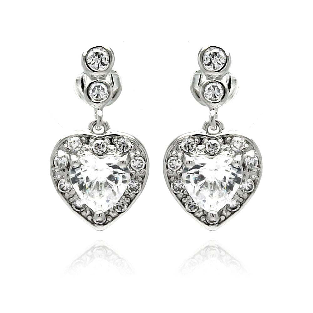 Sterling Silver Trendy Heart Design Inlaid With Clear Czs Dangle Stud EarringAnd Dimensions of 10.1MM x 11.8MM