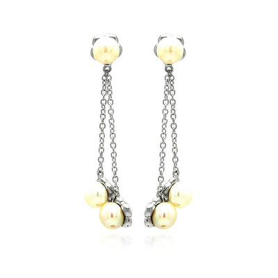 Sterling Silver Elegant Pearl Drop Wire Design Dangle StudAnd Earring Length of 1.75 inches