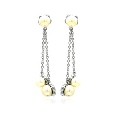 Sterling Silver Elegant Pearl Drop Wire Design Dangle StudAnd Earring Length of 1.75 inches