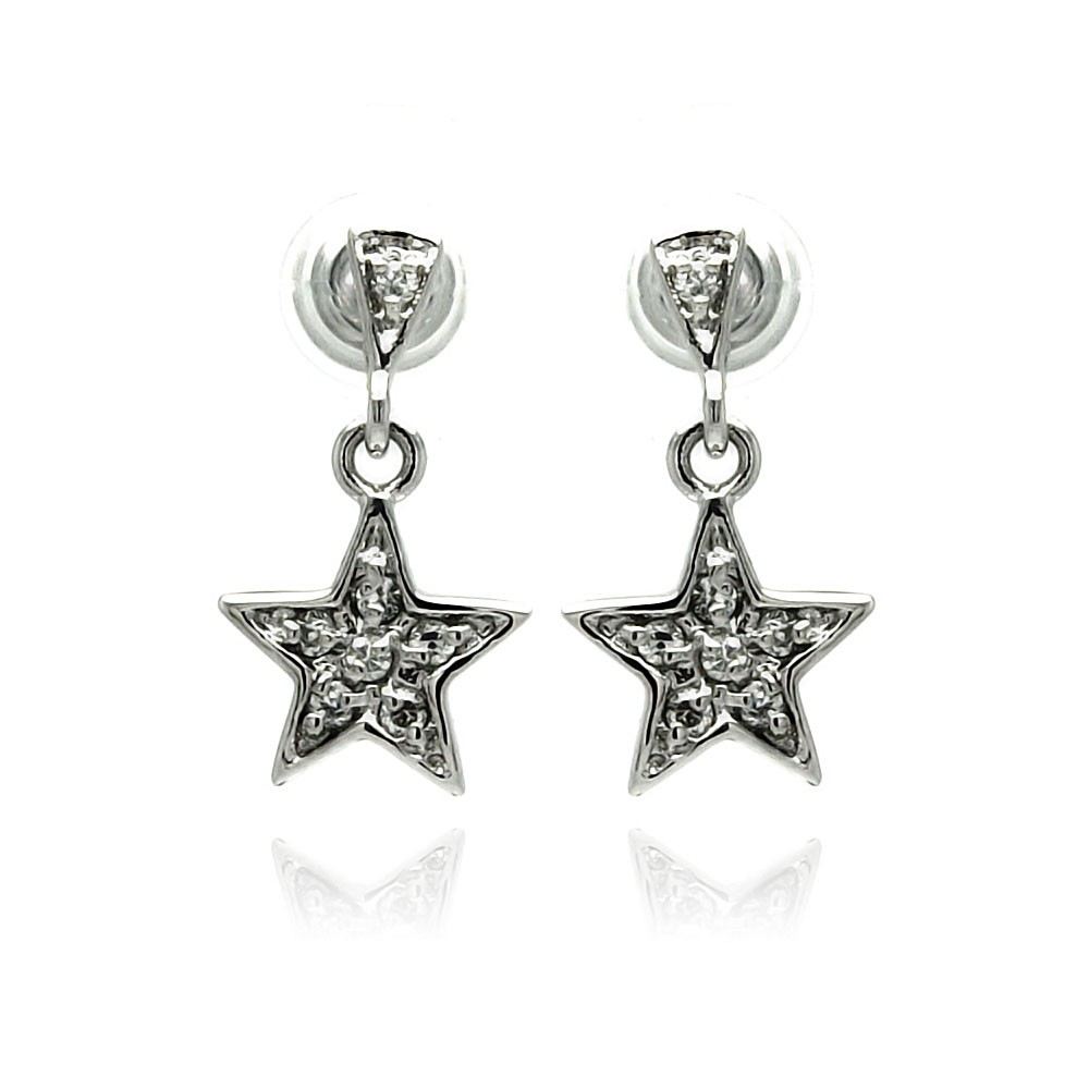 Sterling Silver Rhodium Plated Star Inlay Dangling Stud Earrings With CZ Stones