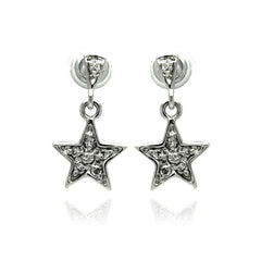 Sterling Silver Rhodium Plated Star Inlay Dangling Stud Earrings With CZ Stones