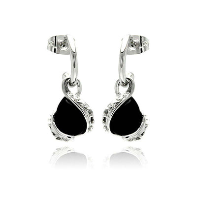 Sterling Silver Elegant Style Teardrop Design With Onyx Stone Dangle Stud EarrngAnd Dimensions of 14MM x 10MMAnd Semi Hoop  11.7MM