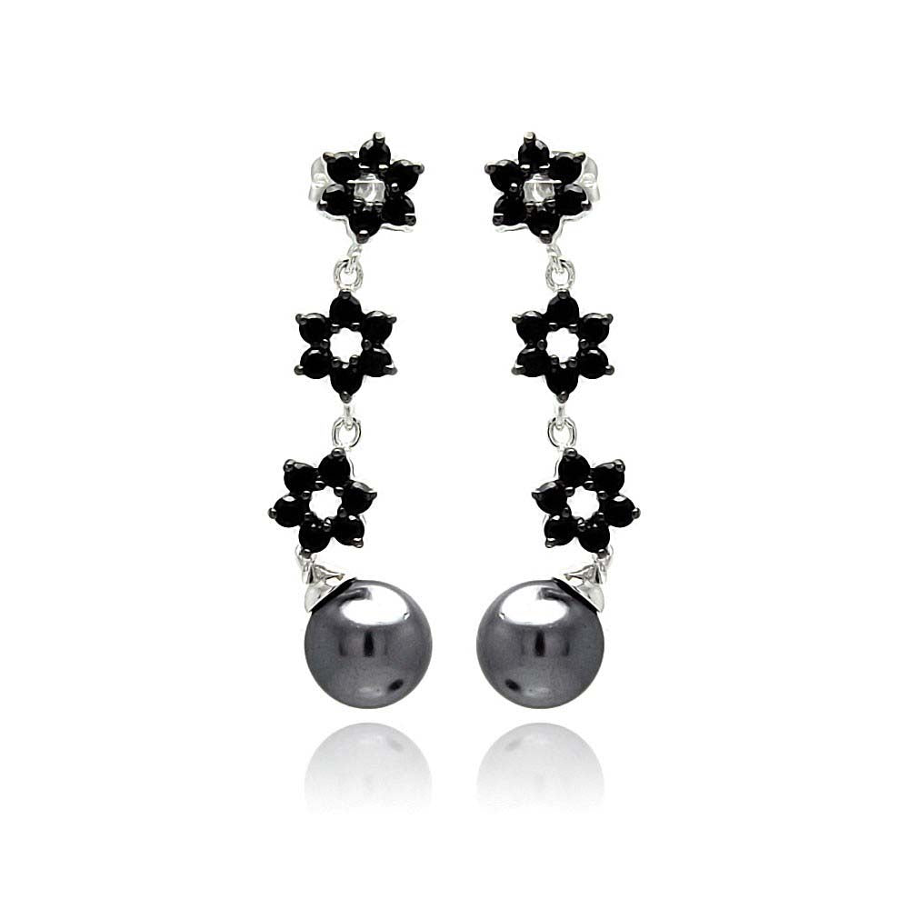 Sterling Silver Trendy Multi flower Link Design Inlaid With Black Czs with Black Pearl drop Dangle Stud EarringAnd Pearl Diamter of 7.9MM and Earring Dimensions of 1.5MM x 6MM