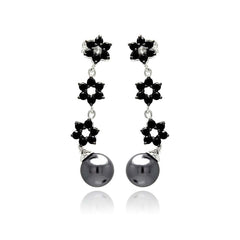 Sterling Silver Trendy Multi flower Link Design Inlaid With Black Czs with Black Pearl drop Dangle Stud EarringAnd Pearl Diamter of 7.9MM and Earring Dimensions of 1.5MM x 6MM