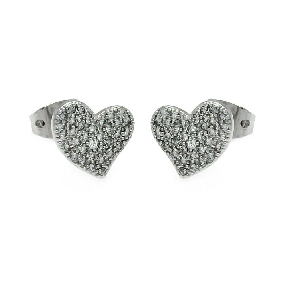 Sterling Silver Rhodium Plated Heart CZ Inlay Stud Earrings