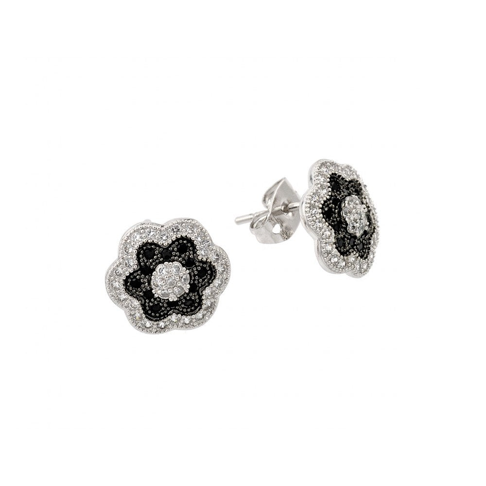 An Upscale Terling Silver Stud Earrings Flower DesignAndEmbedded with both black and Clear Cz Stones. Earring Width of 11.6MM