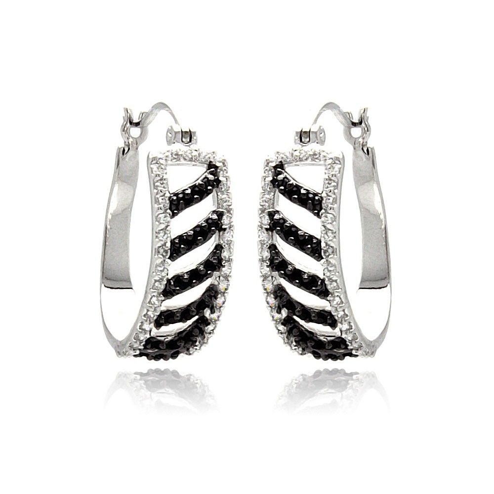 Sterling Silver Rhodium Plated White Enamel Black Stripe CZ  Hoop Earring